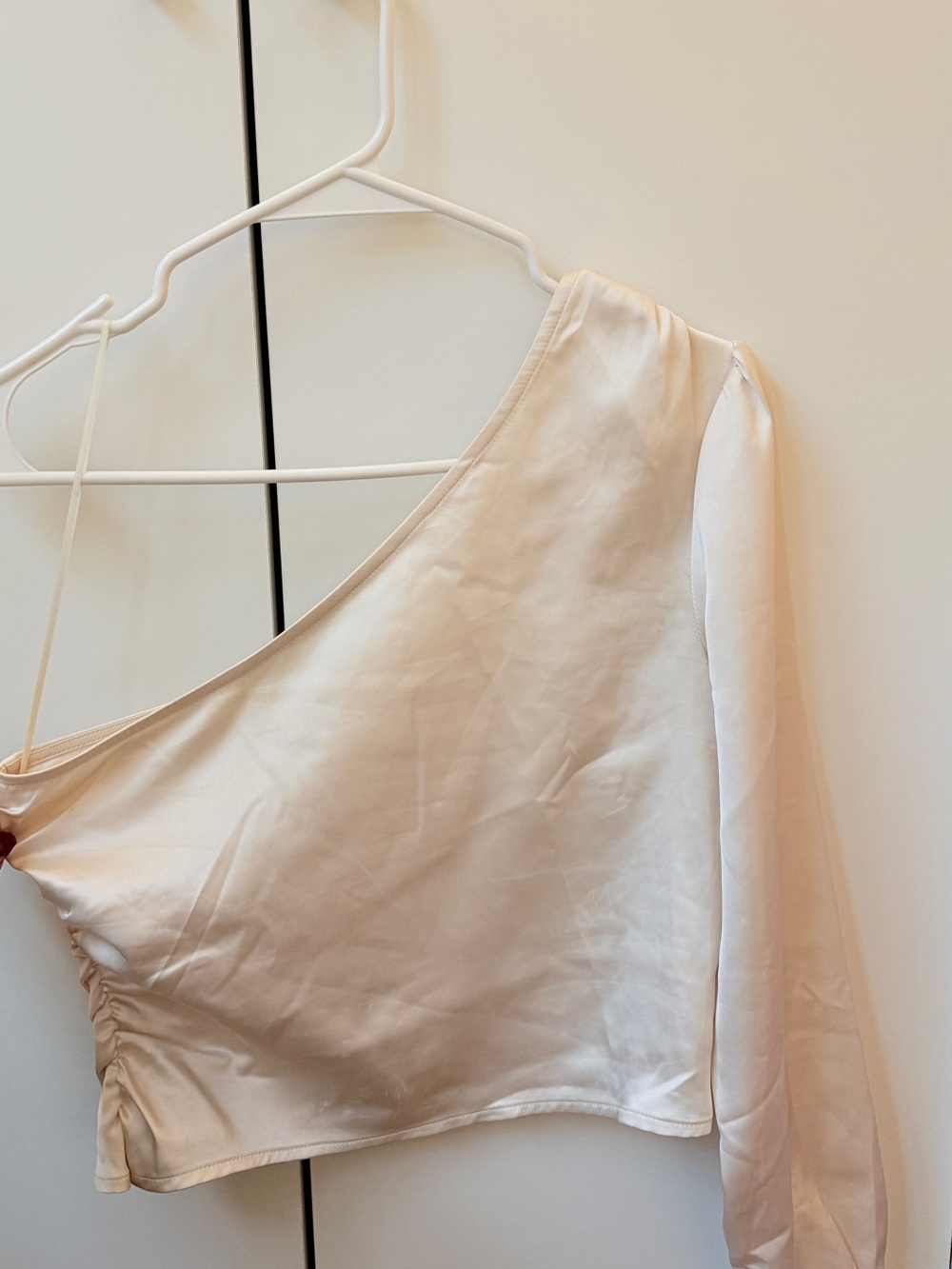 Asymmetric One-Shoulder Satin Top in Cream